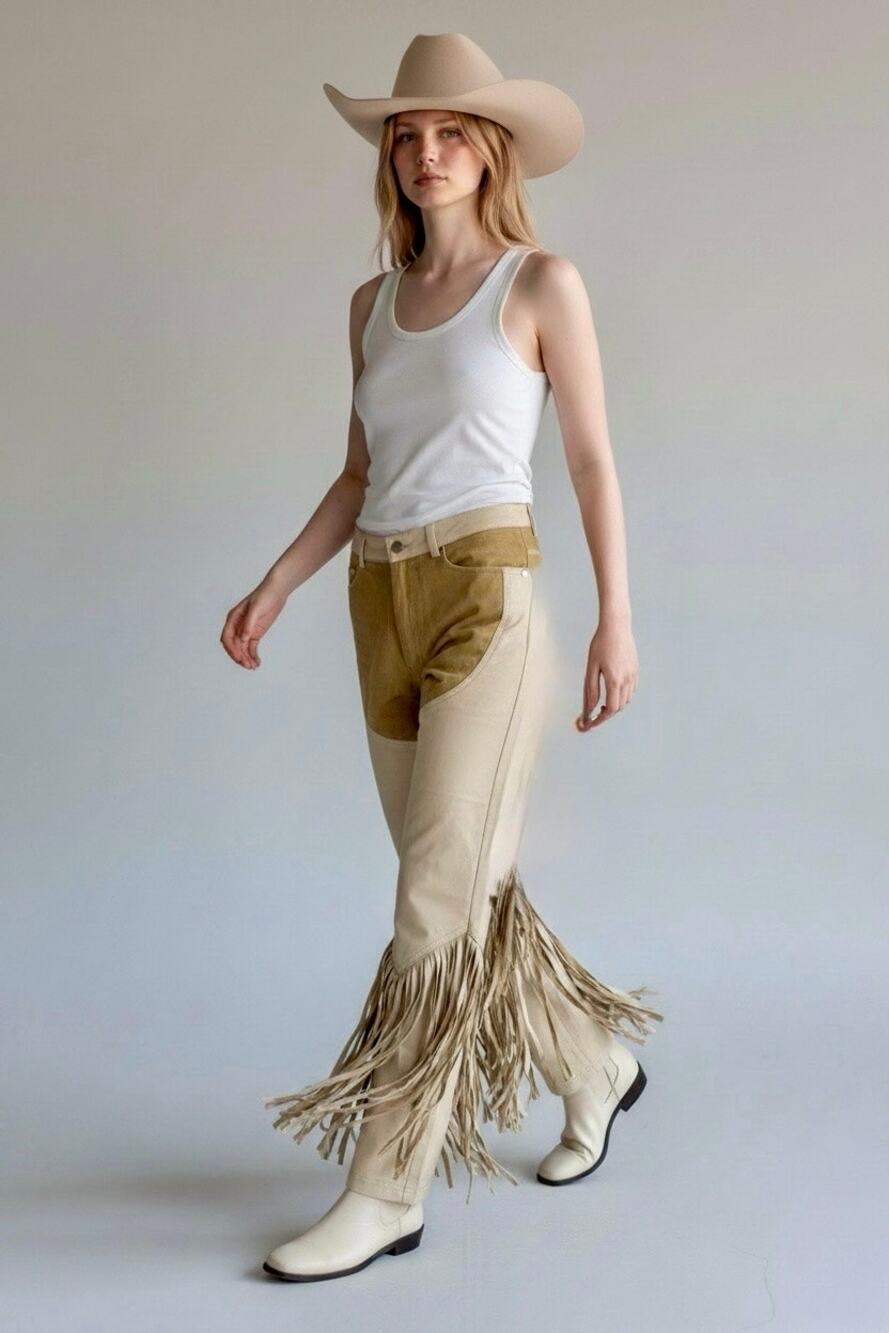 Understated Leather Cowboy Chaps Pants Fringe Trim Cream Size Medium NWOT